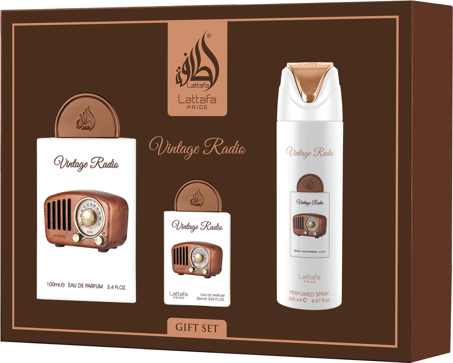 Lattafa Pride Vintage Radio Gift Set – Eau de Parfum 100 ml + Miniatuur 20 ml + Perfumed Spray 200 ml